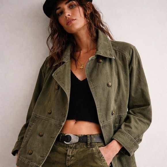 Free People Jackets & Blazers - We the Free Army Green $168 Double Breasted Cotton Boho Trucker Utility Jacket M